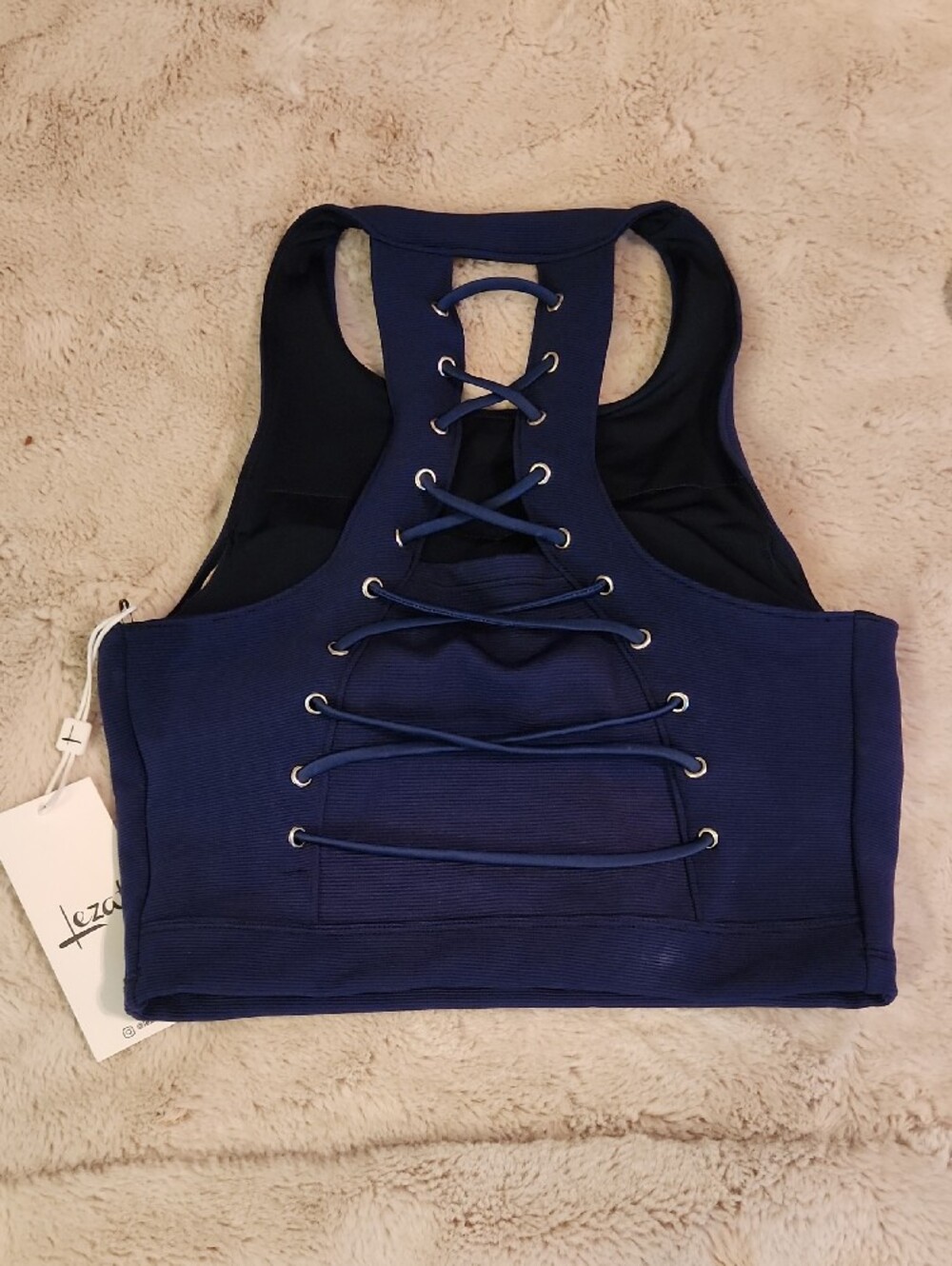 W Medium Lezat Navy High Neck Padded Tank/ Sports Bra Criss Cross Back - Picture 4 of 5